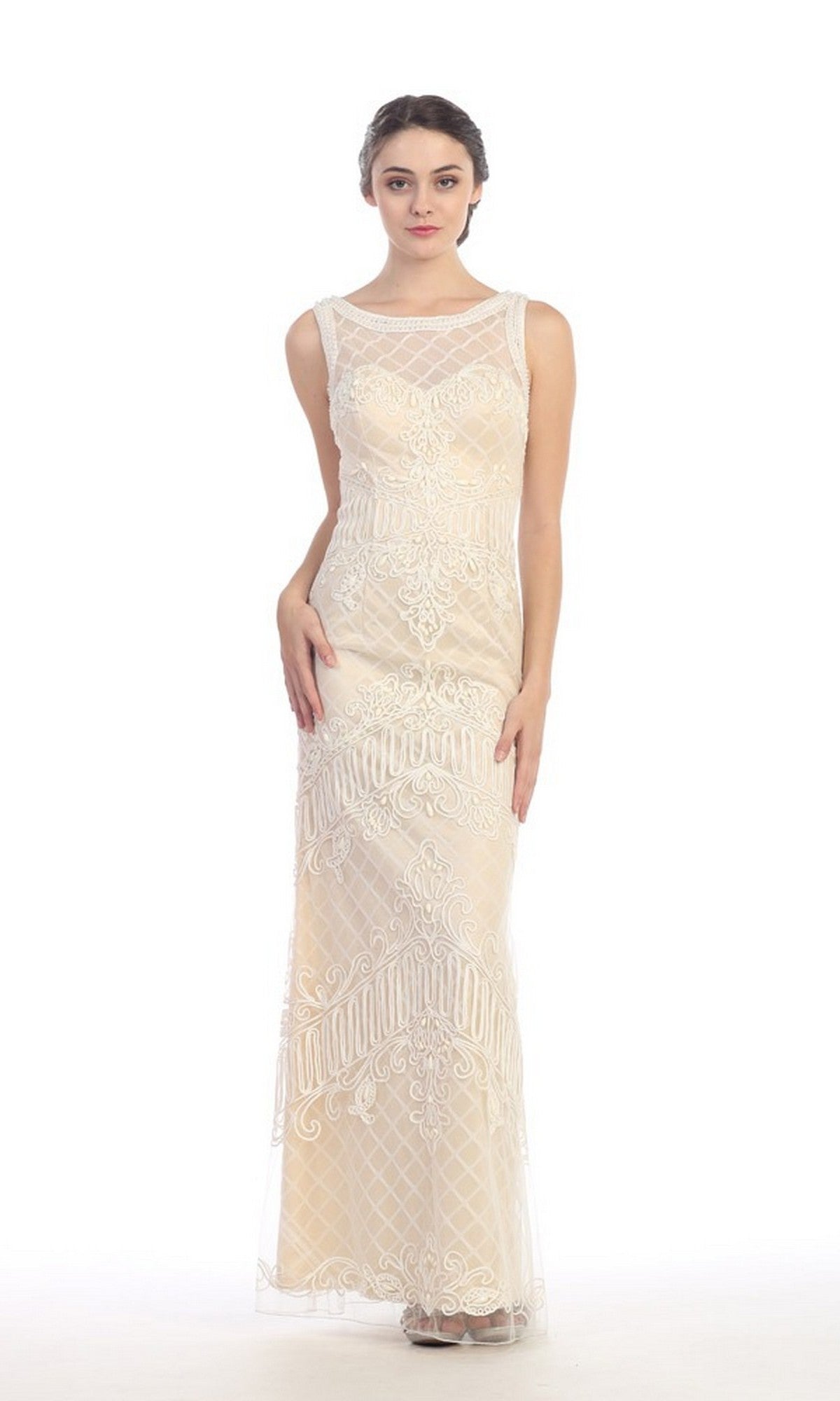 A woman faces forward, modeling the Eureka 3915 long formal dress in ivory/champagne. The sleeveless evening gown features elegant white lace details and an illusion neckline, set against a plain white background.
